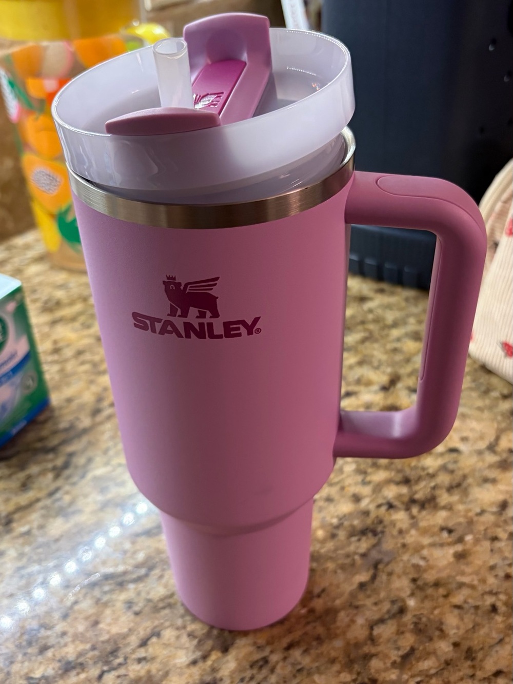 Stanley Orchid color Travel Mug with Handle and Clear Lid